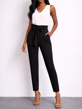 EXPRESS High-Waist Paperbag Tie-Waist Pants - Black